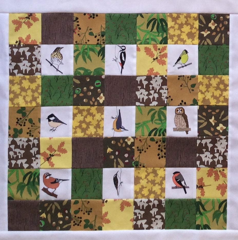 Autumn woodland birds fabric strip, 9 images