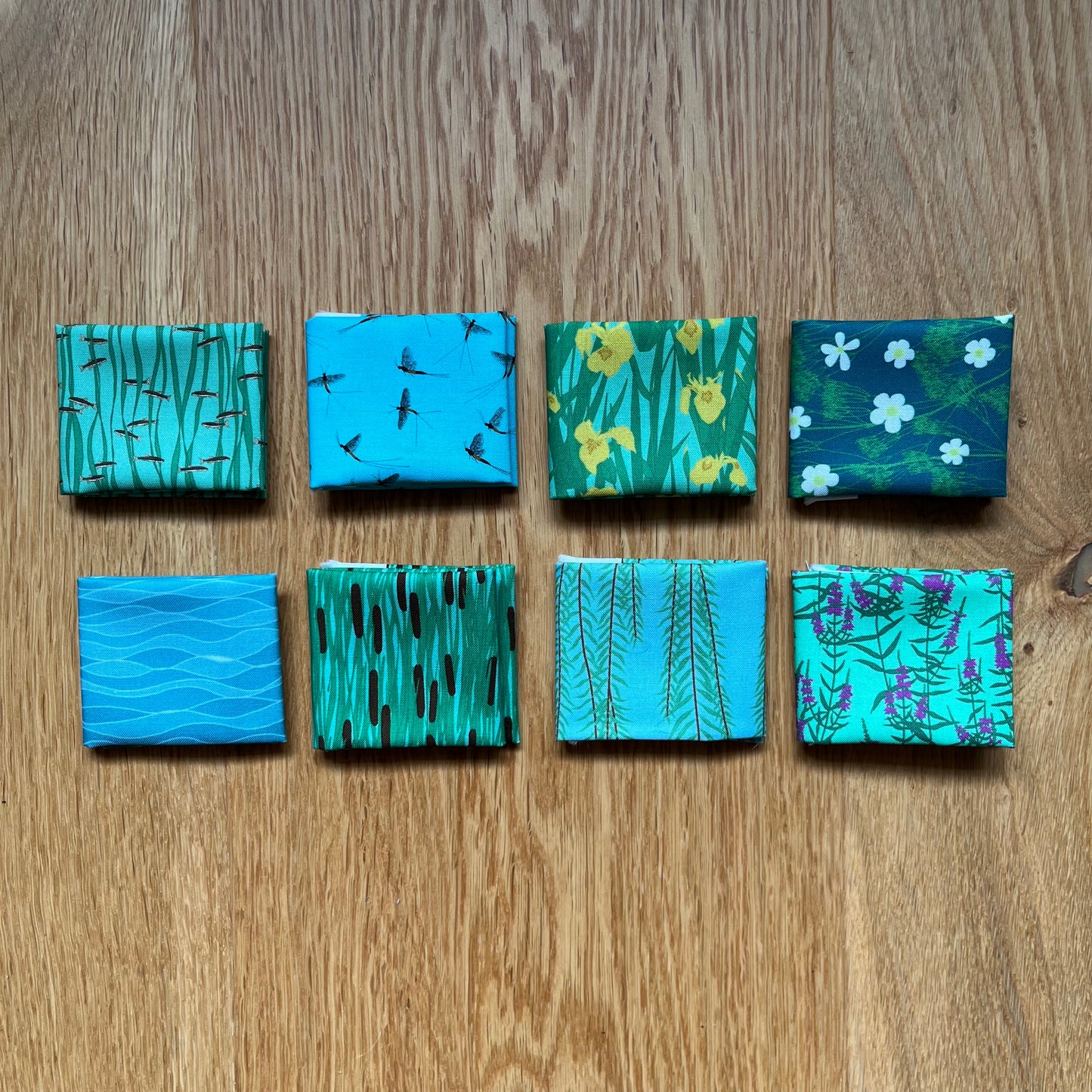 Fat 1/16 set of 8 River fabrics (log cabin and hexie wall hanging)