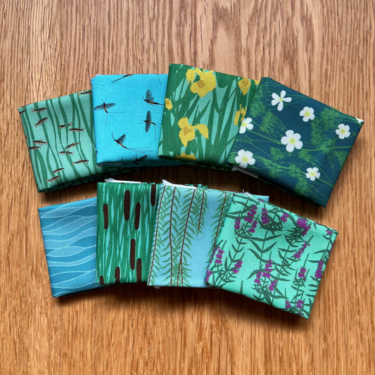 Fat 1/16 set of 8 River fabrics (log cabin and hexie wall hanging)