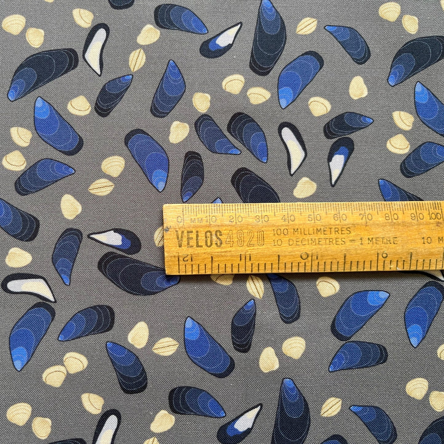 Cockles and mussels fat quarter - grey background