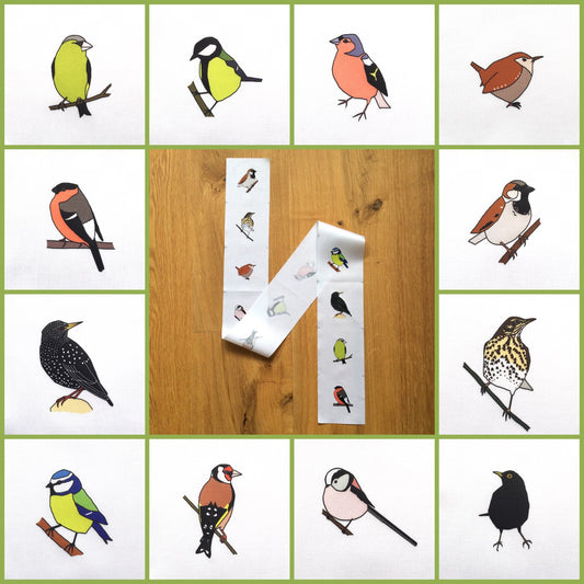 Garden birds fabric strip, 12 images