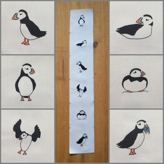 Puffins fabric strip, 6 images