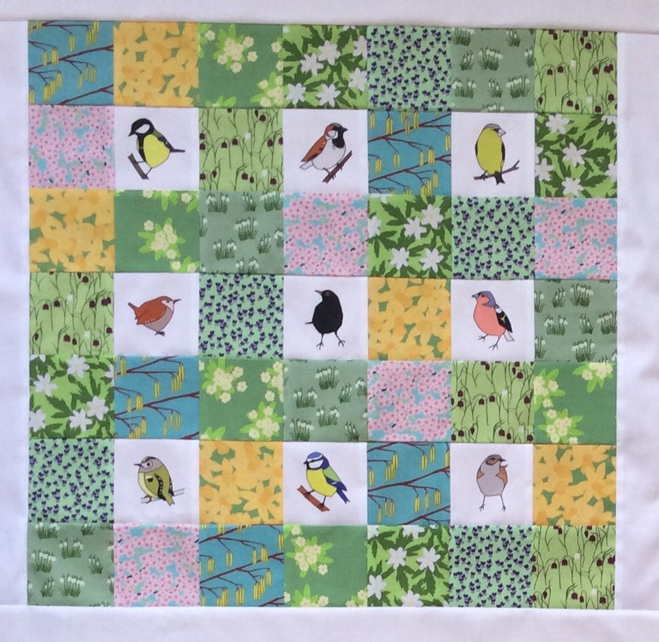 Spring garden birds fabric strip, 9 images