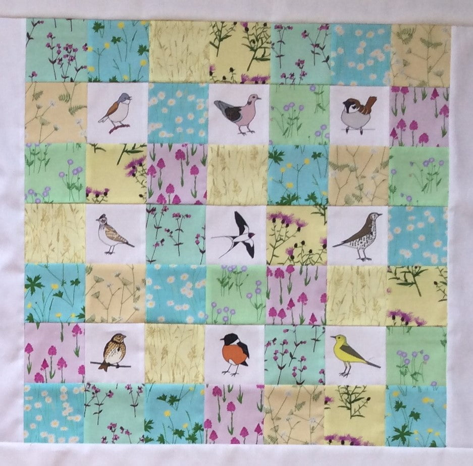 Summer meadow birds fabric strip, 9 images