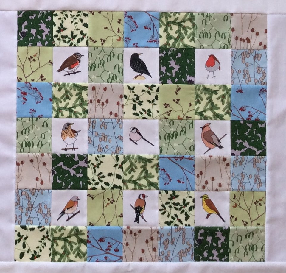 Winter hedgerow birds fabric strip, 9 images